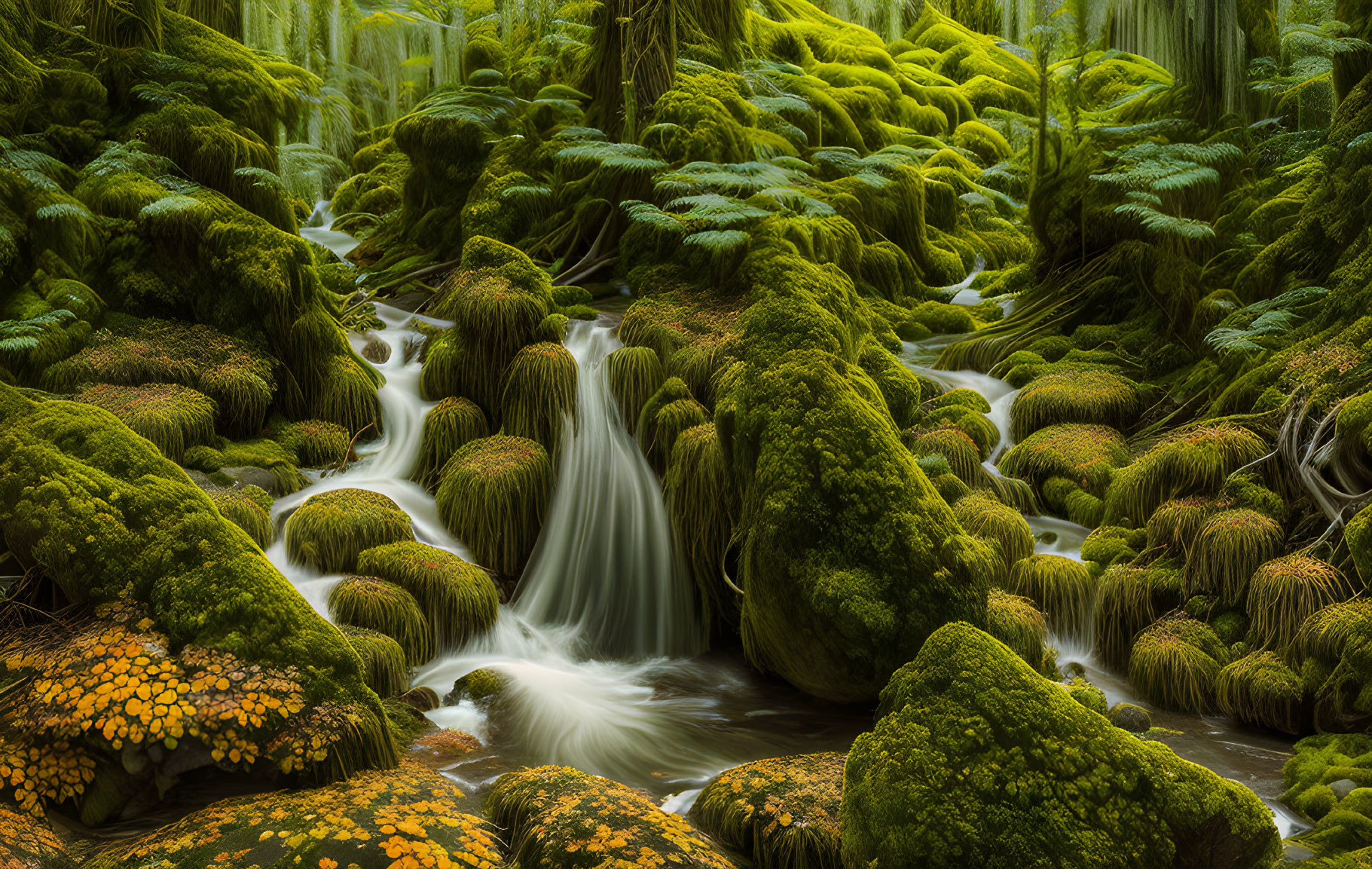 Tranquil stream in lush moss-covered forest