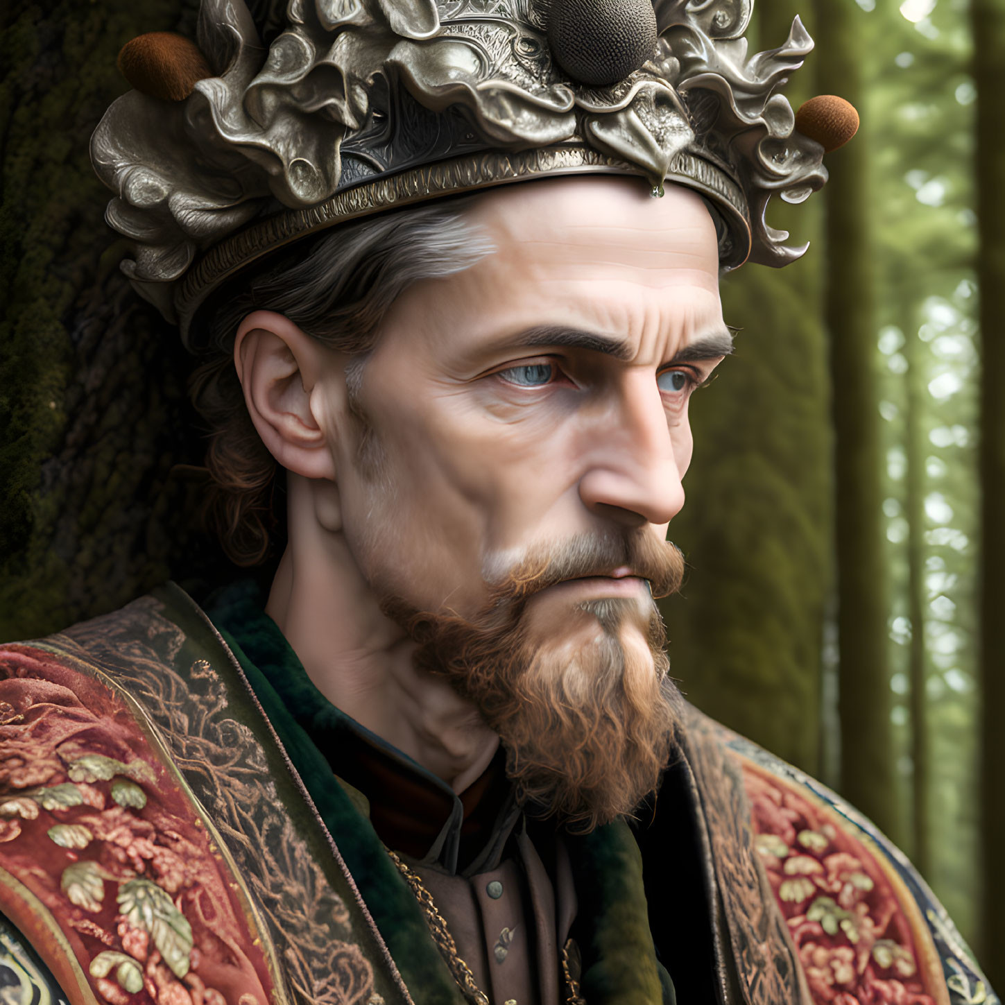 Regal man with crown, mustache, beard, and embroidered cloak in forest setting