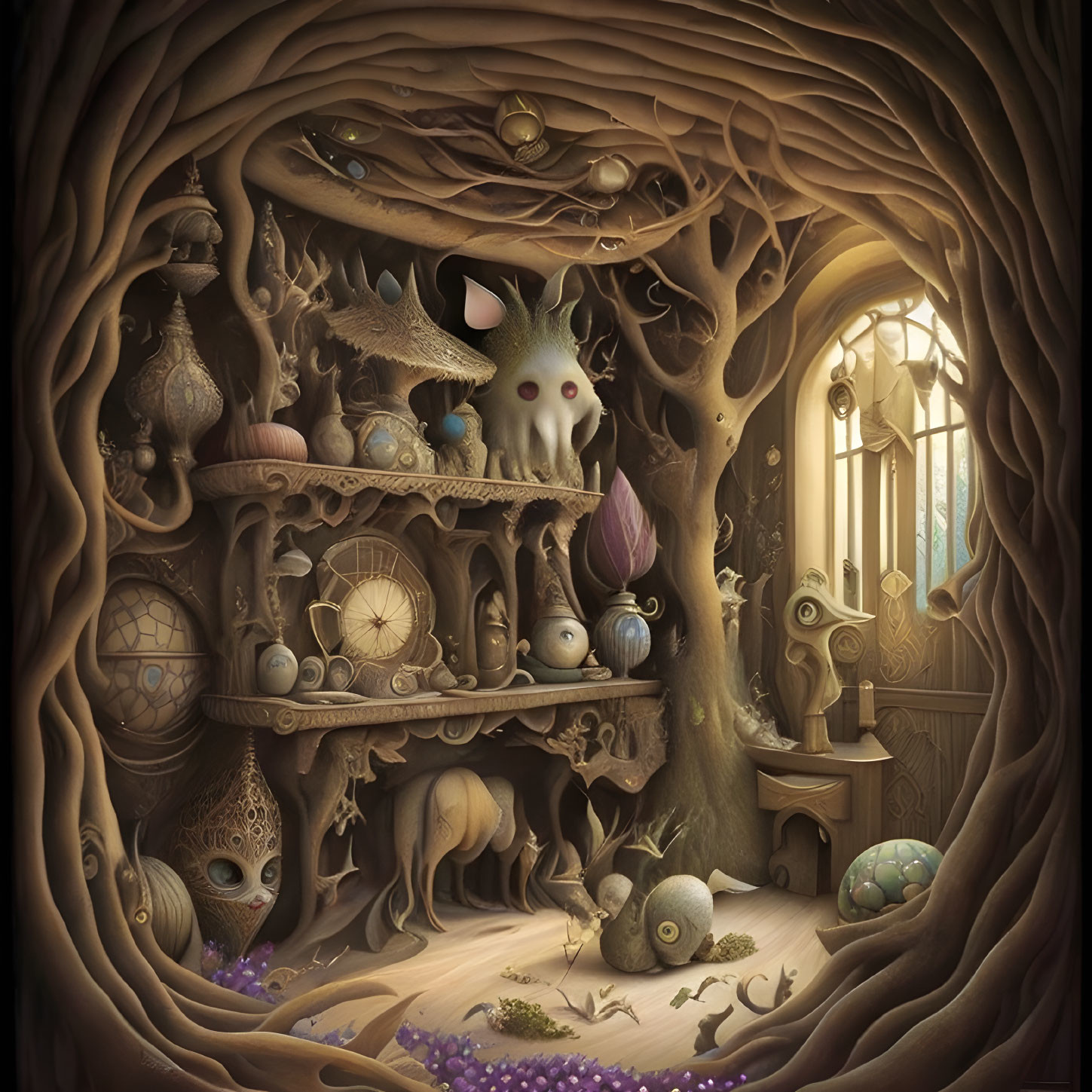 Fantasy creatures and artifacts in whimsical tree interior