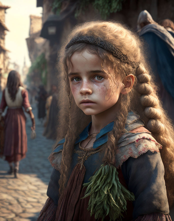 Young girl with braided hair in medieval street, looking forlorn