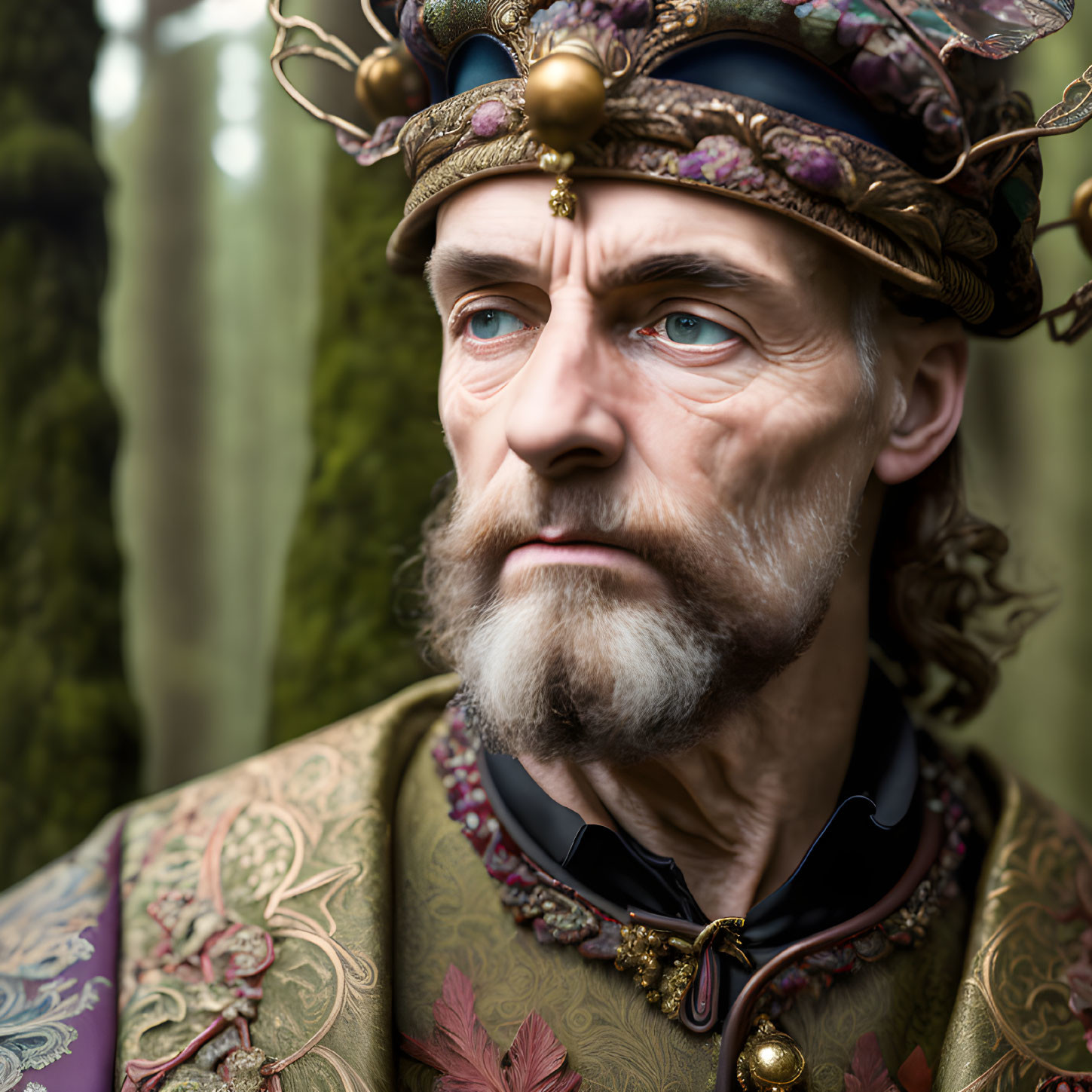 Regal man in crown and ornate clothing gazes into the distance