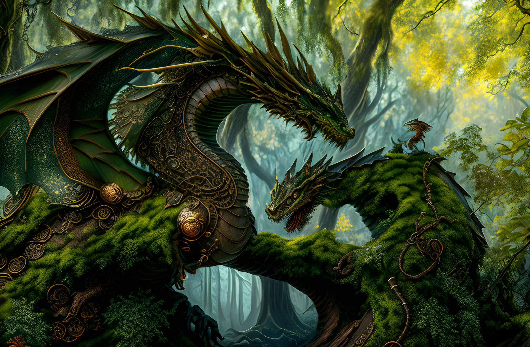 Green dragon with golden adornments in mystical forest