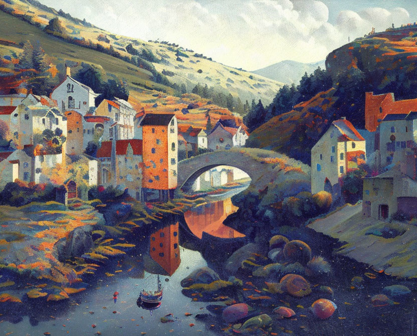 European-style village painting: Colorful houses, stone bridge, boat, hills