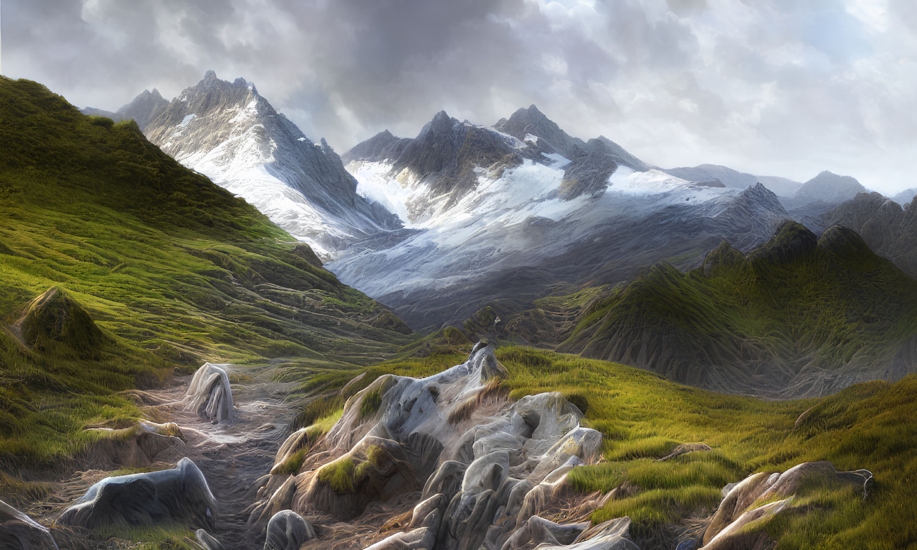 Snowy Peaks and Rocky Path in Serene Mountain Landscape