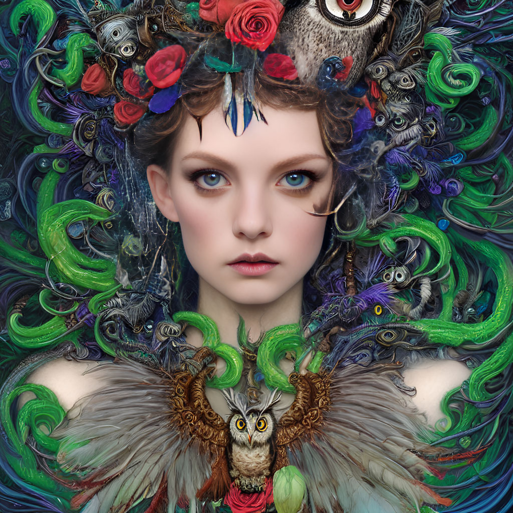 Colorful portrait of a person adorned with feathers, flowers, and owl pendant against vibrant peacock motifs