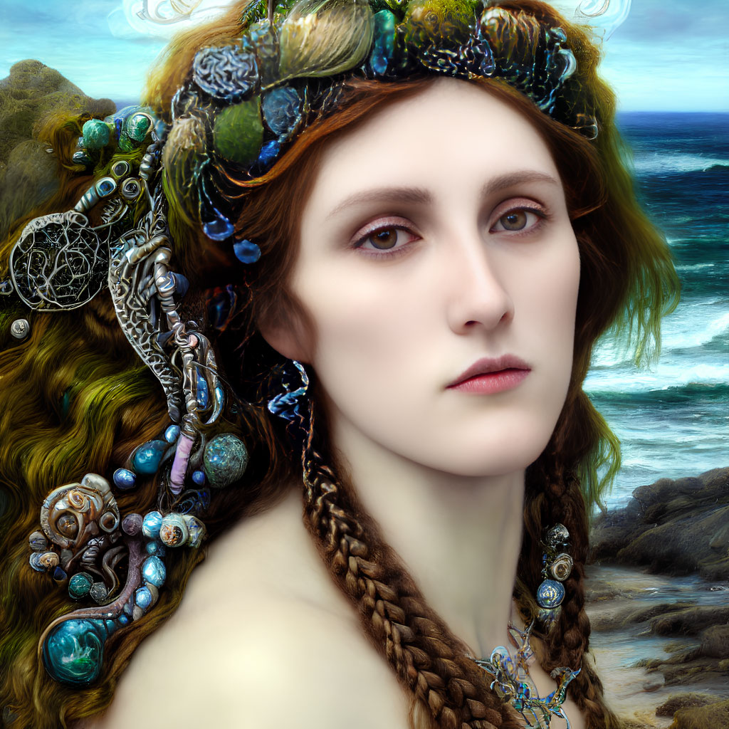 Portrait of woman with braided hair and ornate headpiece by the sea