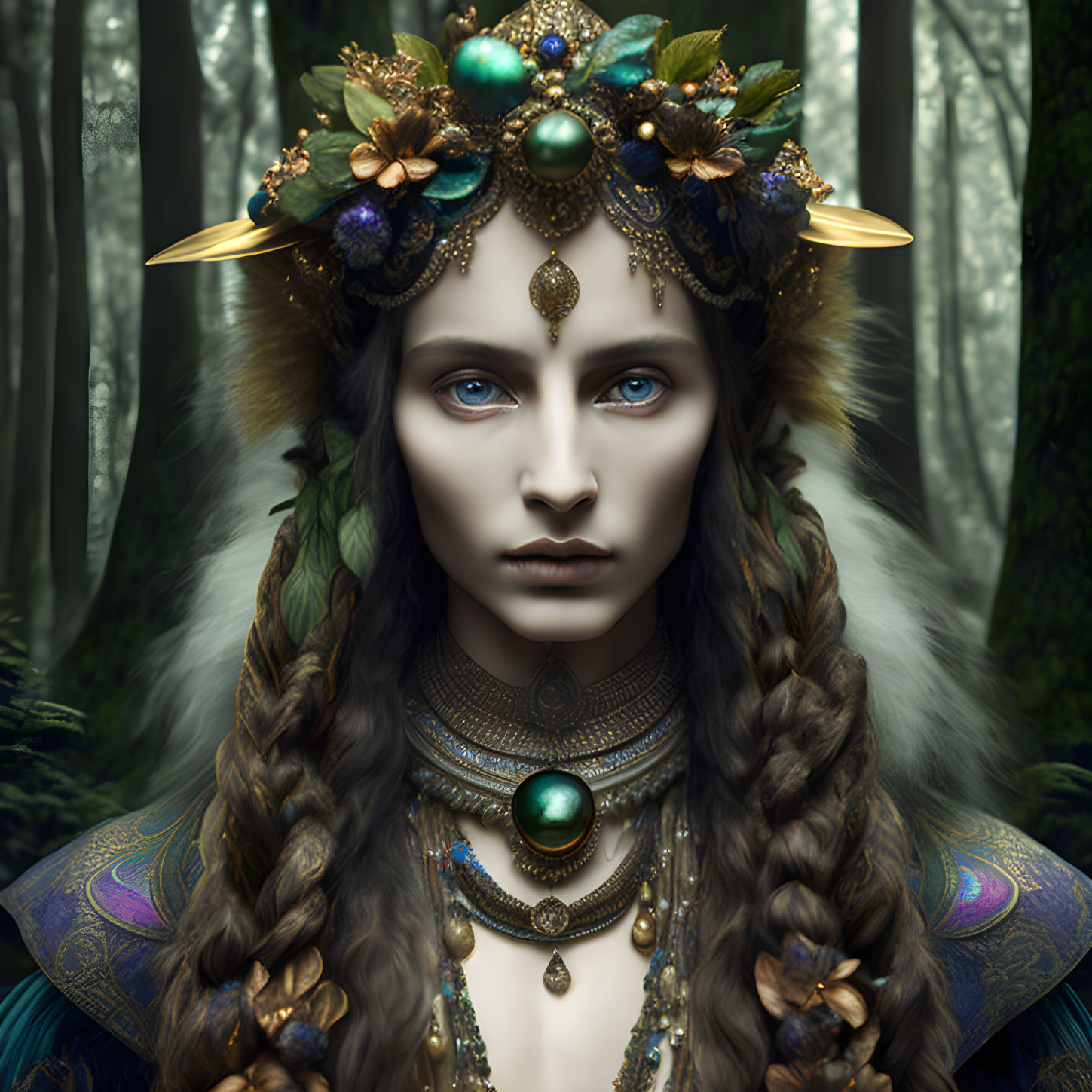 Person with Blue Eyes in Golden Headdress in Mystical Forest