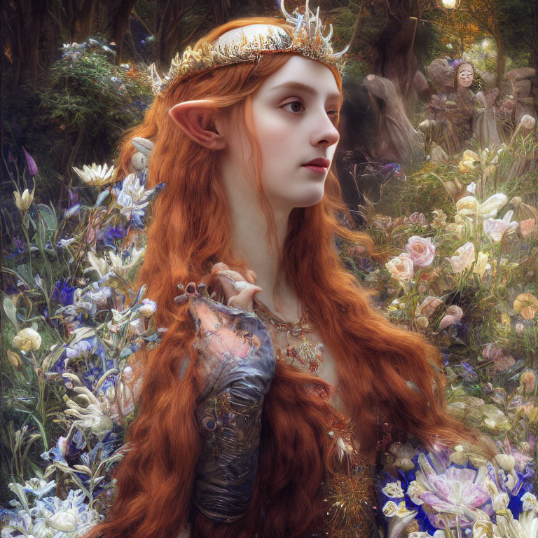 Red-haired elfin woman in golden crown and forest setting with faint figure.