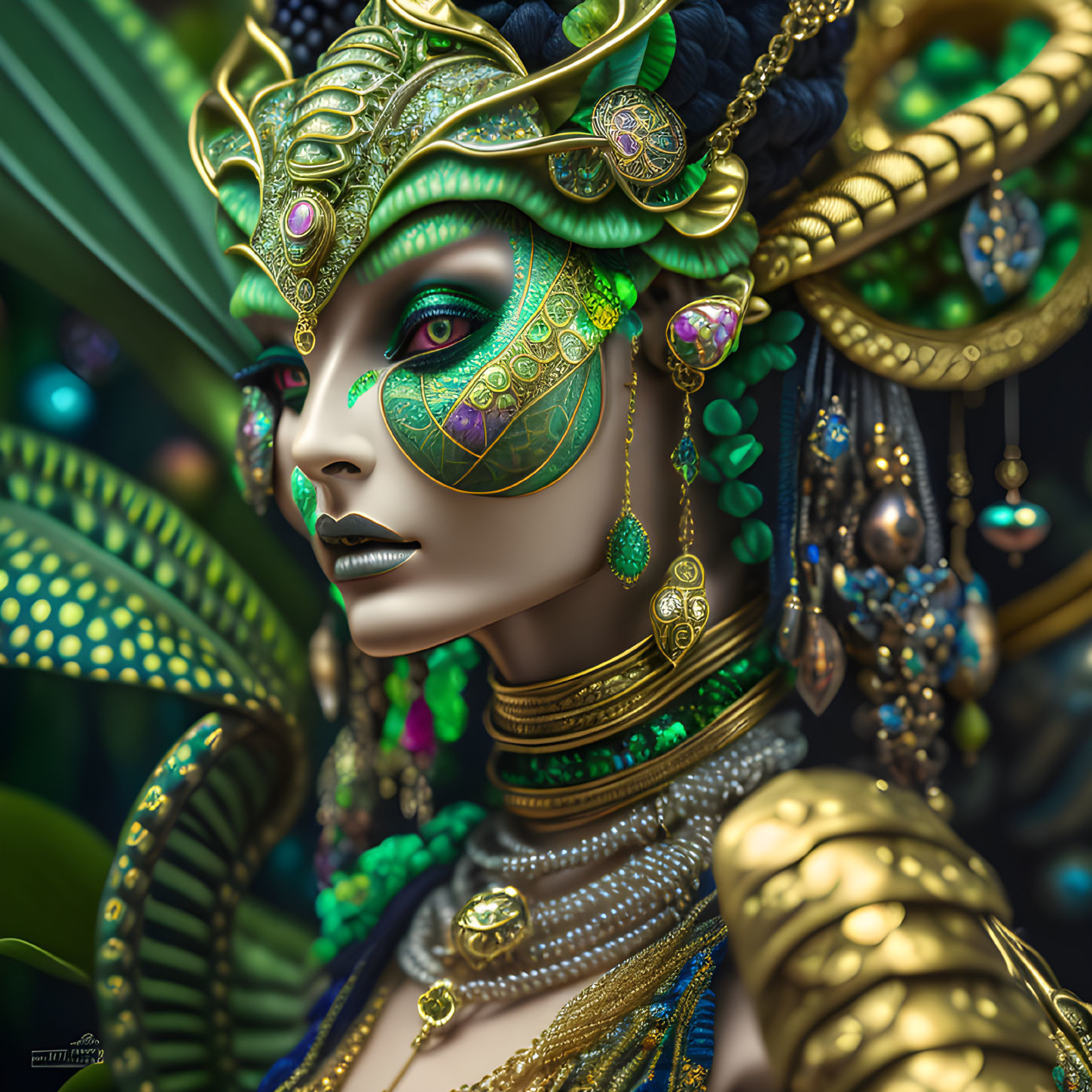 Detailed image of futuristic woman with golden headgear, green and gold makeup, intricate jewelry, stylized