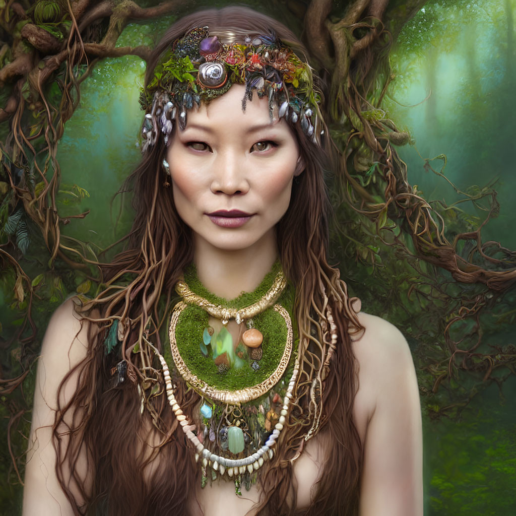 Woman with forest-themed look wearing twig crown and intricate jewelry in mystical forest setting