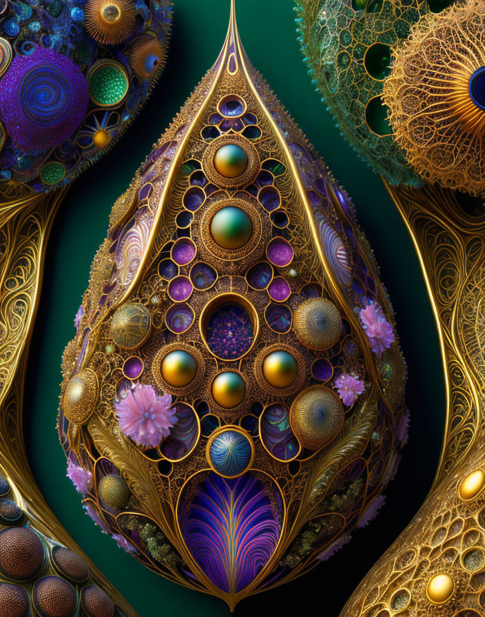 Colorful Teardrop Fractal Art: Vibrant patterns, spheres, and floral motifs on dark