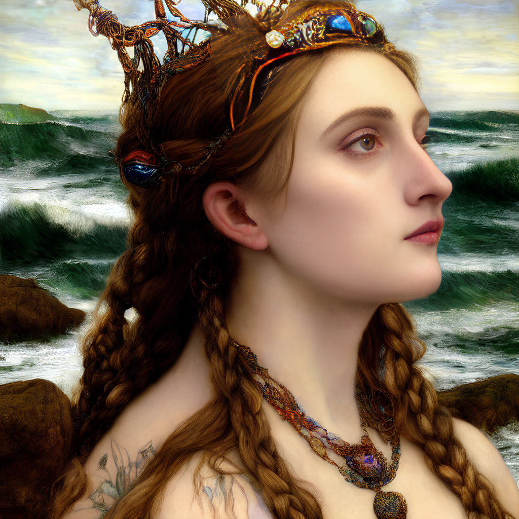 Portrait of woman with braided hair and crown against ocean waves