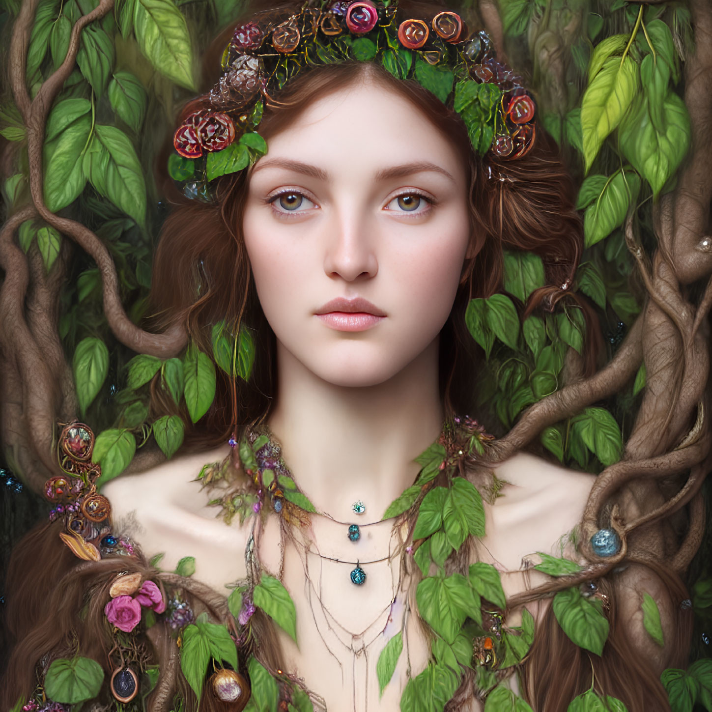 Portrait of Woman with Floral Crown and Gemstone Jewelry in Nature Theme