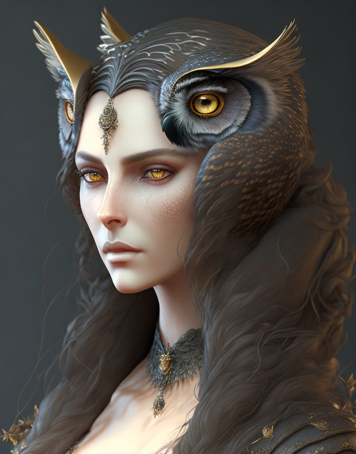 Fantasy digital art portrait of humanoid with owl-like features