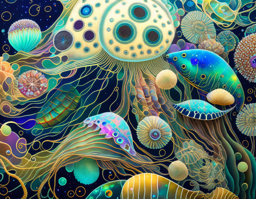 Colorful Psychedelic Underwater Scene with Jellyfish, Fish, and Coral