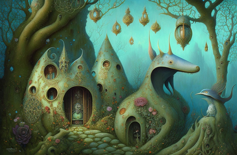 Enchanting forest with whimsical golden treehouses and fantastical creatures