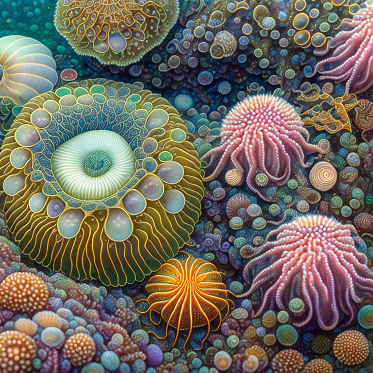 Detailed Marine Life Illustration with Colorful Coral and Anemones