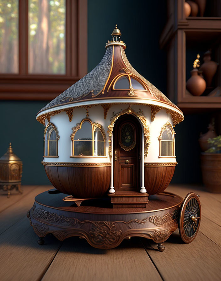 Miniature whimsical house with onion dome and ornate door on wheels.