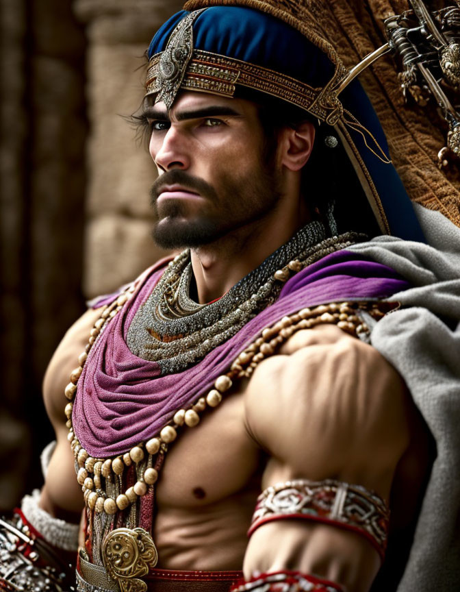 Bearded man in ancient warrior attire with blue headband and purple cloak