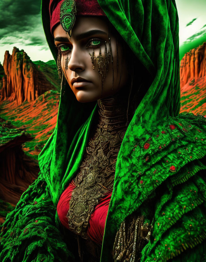 Person with intricate facial adornments in green hood on red rocky landscape