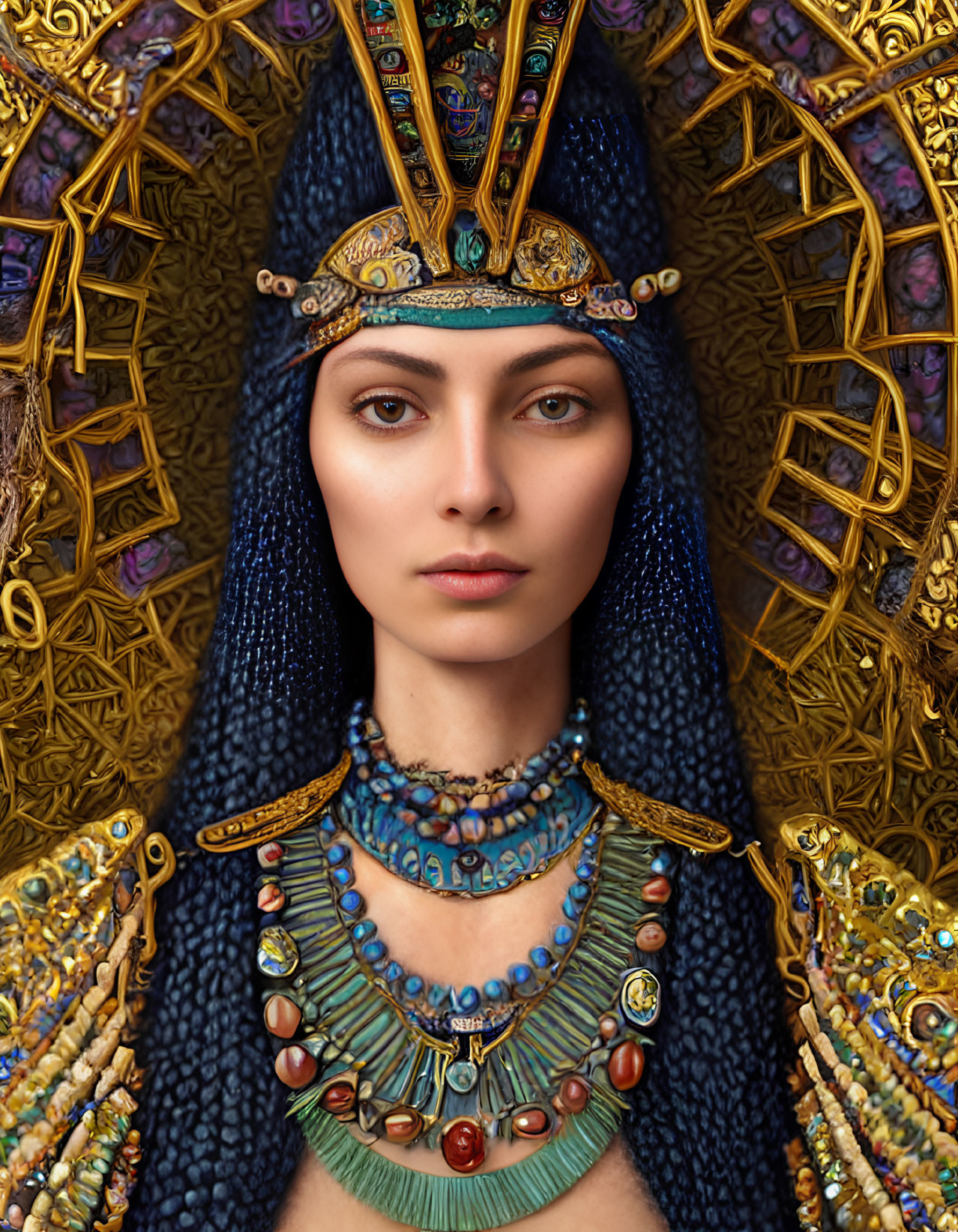 Egyptian Pharaoh Woman with Golden Headdress and Hieroglyph Background