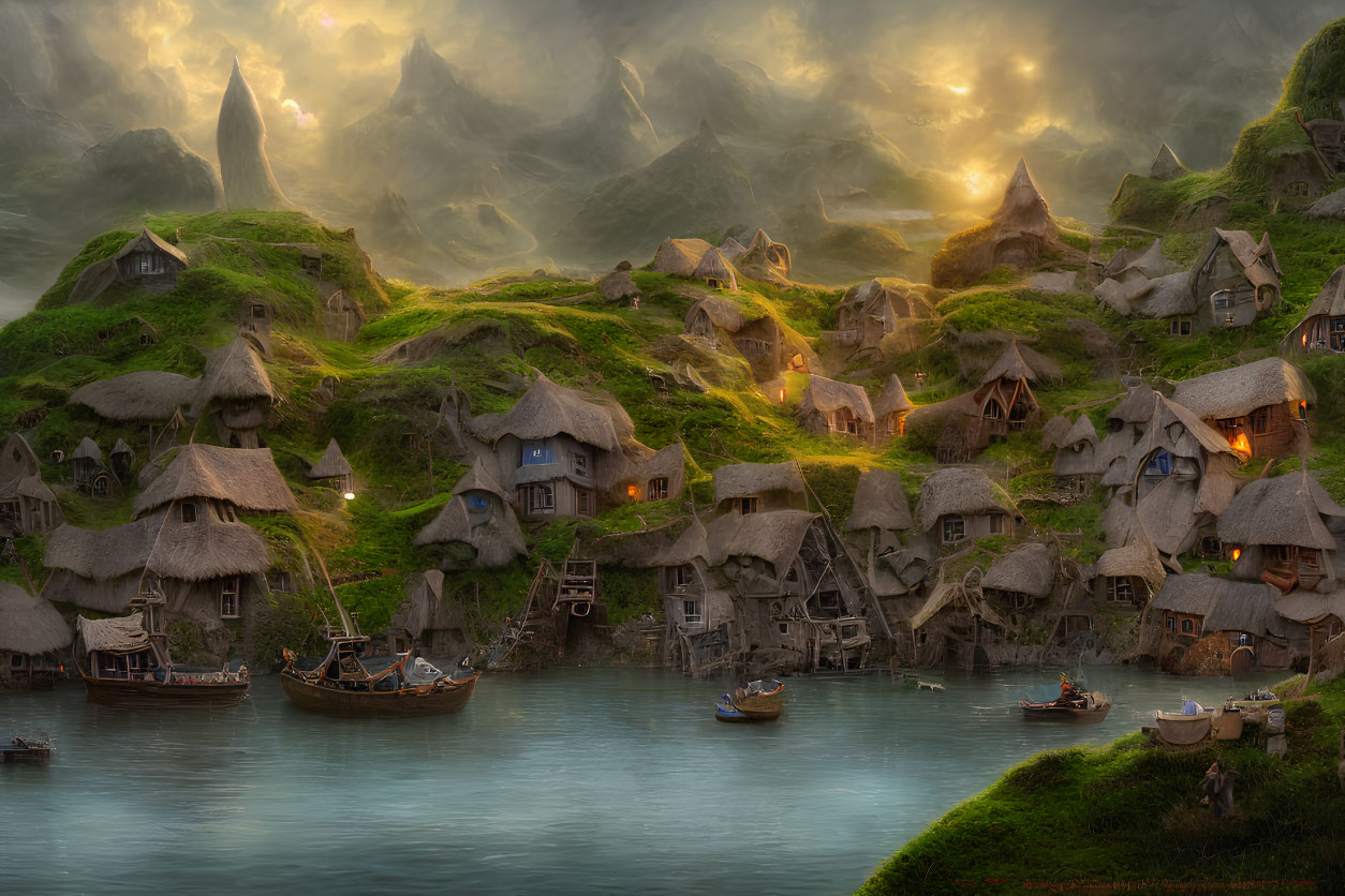 Tranquil fantasy village nestled in green hills at sunset