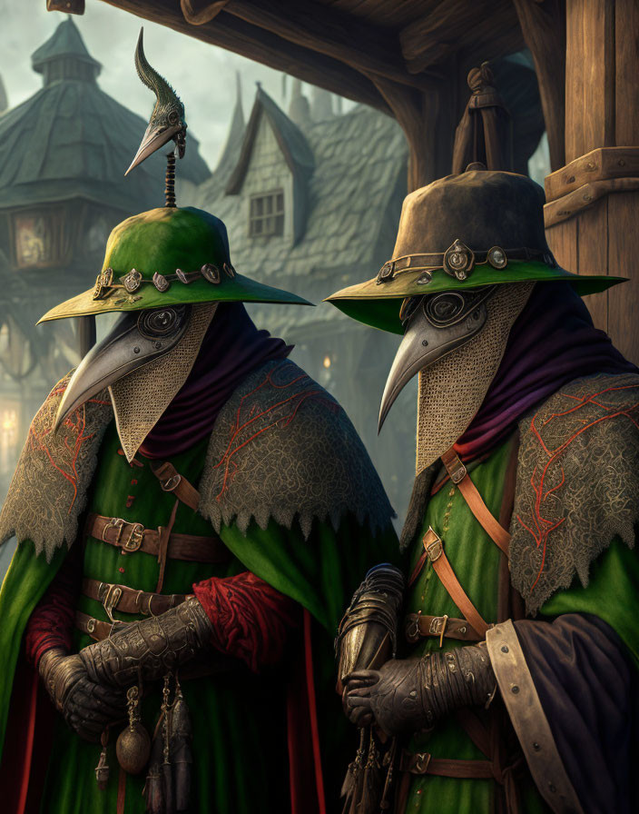 Medieval plague doctors in beaked masks and wide-brimmed hats near wooden structures