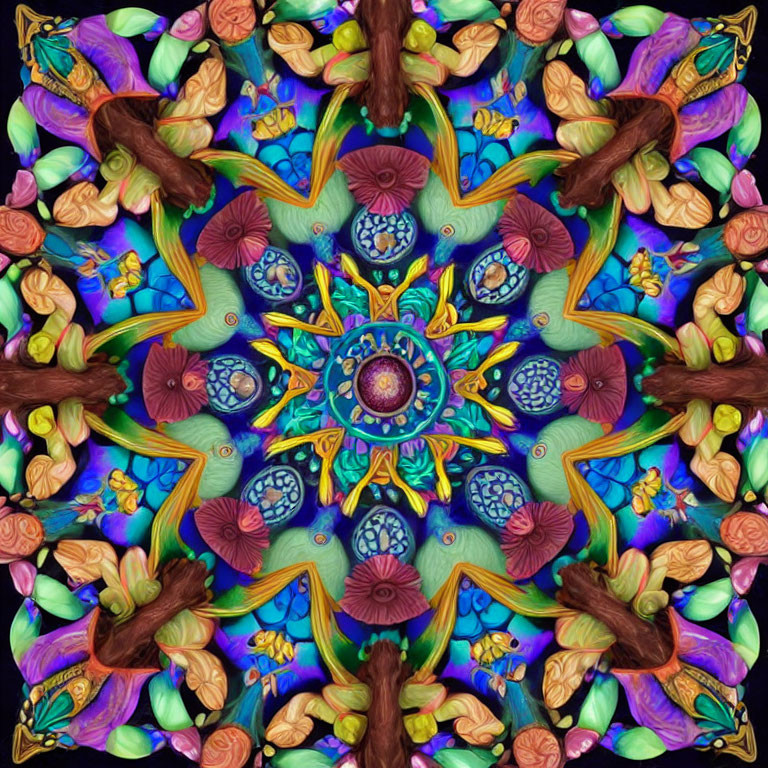 Vibrant Blue, Purple, Green, and Orange Mandala with Symmetrical Floral Patterns