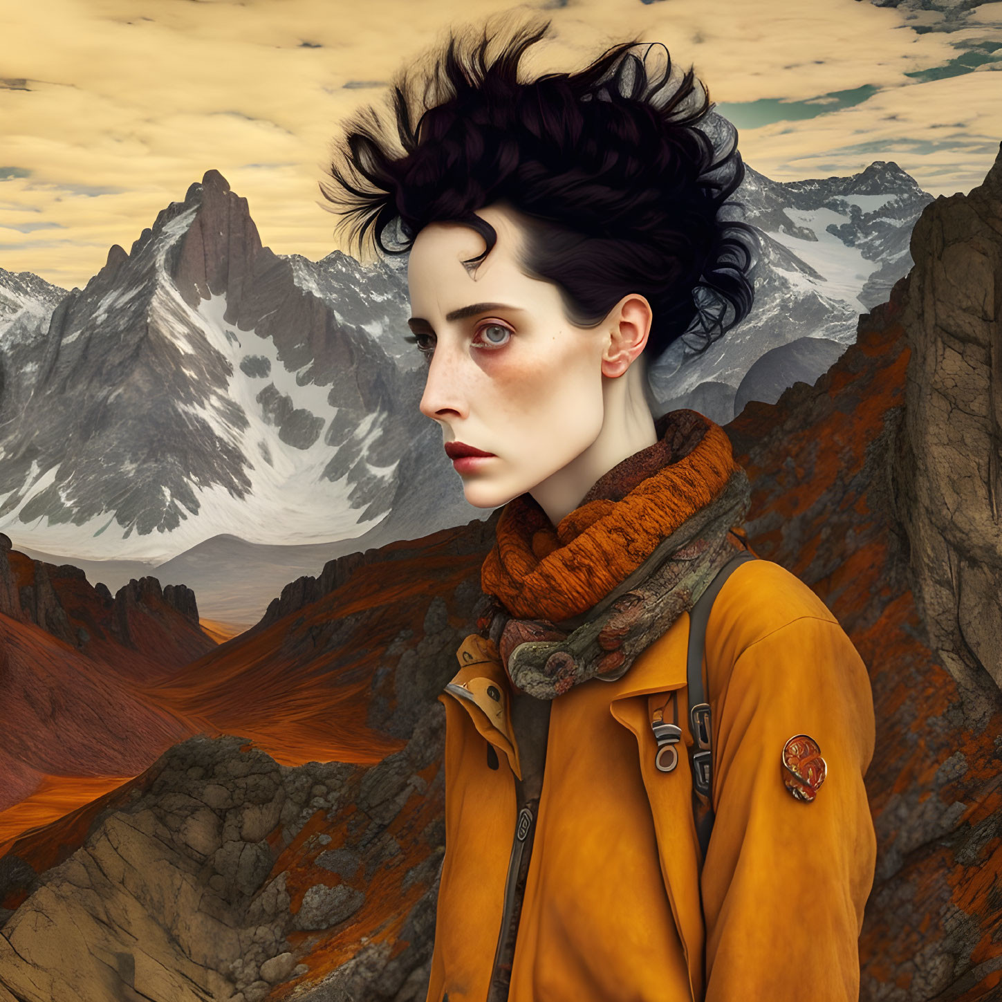 Digital artwork of woman with dark, spiky hair and intense eyes in yellow jacket against mountain backdrop