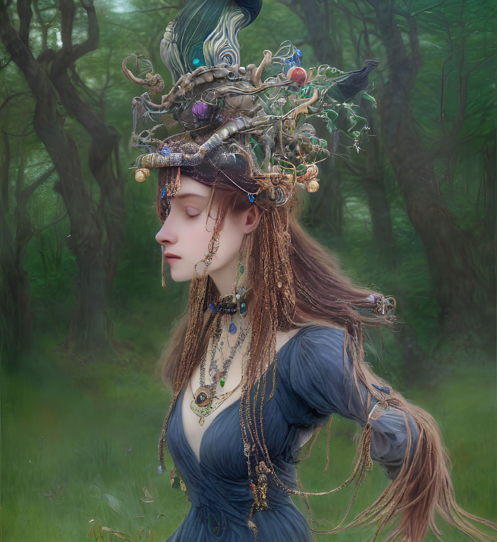 Woman in intricate headdress against misty forest backdrop exudes mythical aura