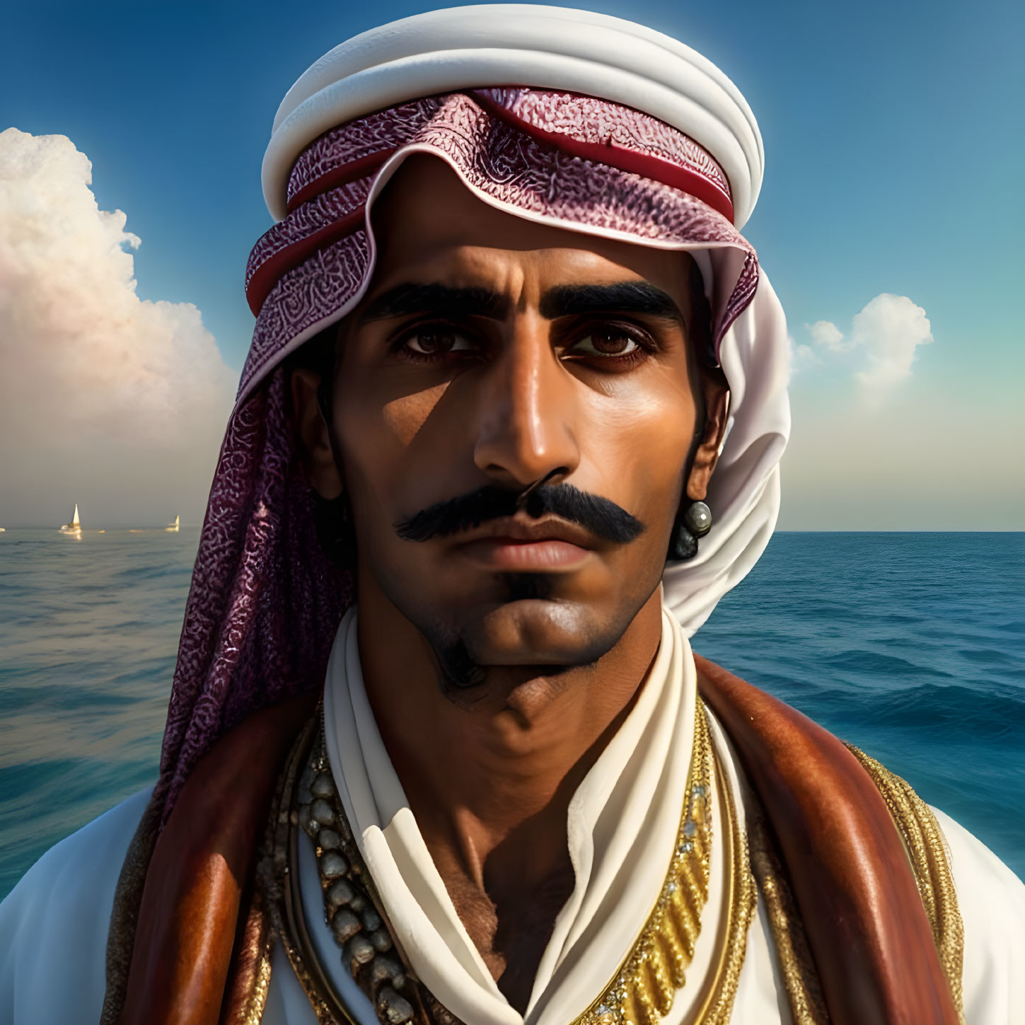 Man with Mustache in White and Red Keffiyeh by Serene Sea