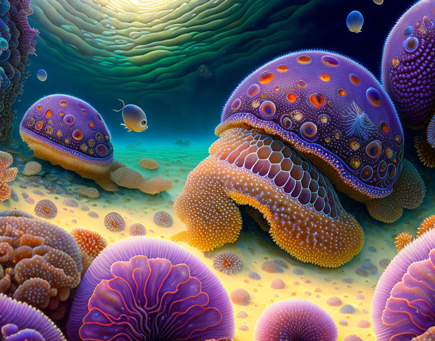 Vibrant Underwater Scene with Patterned Turtle-like Creatures