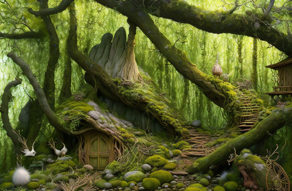 Moss-covered fairy-tale cottage in enchanted forest