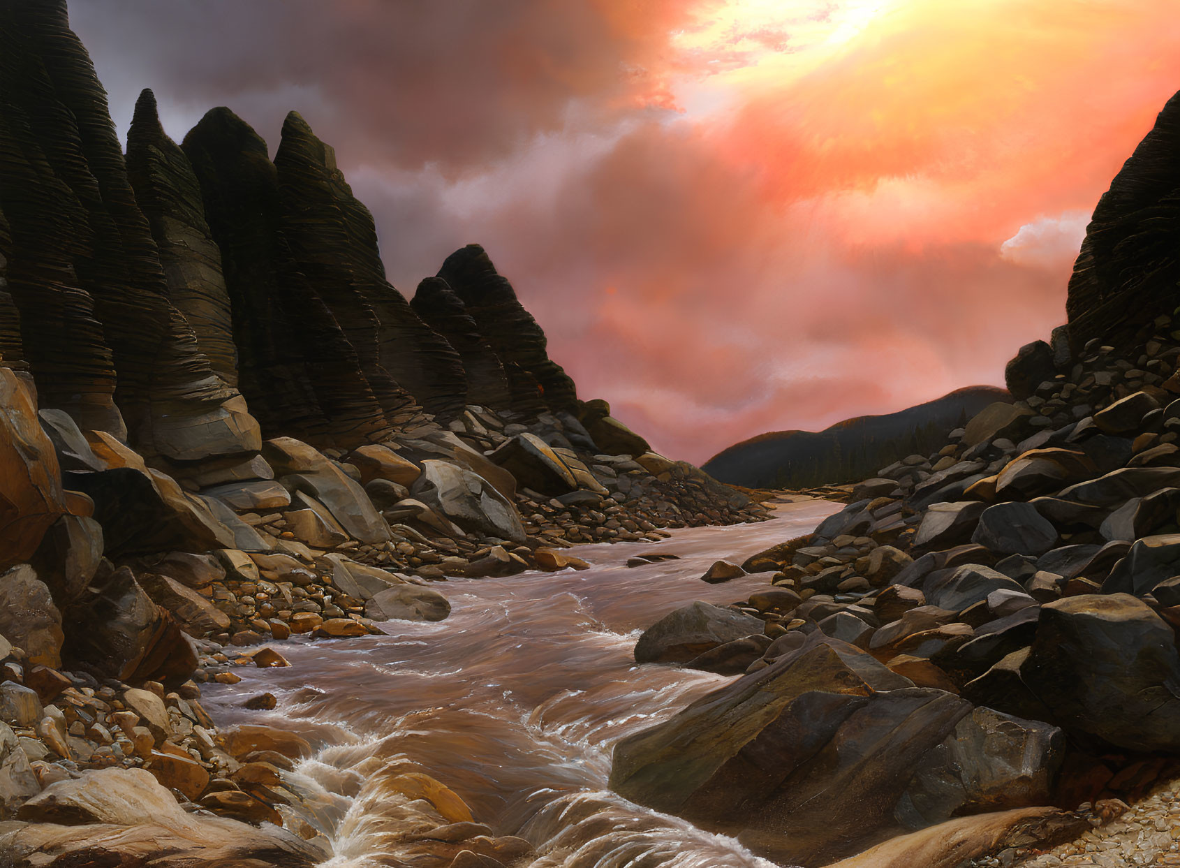 Colorful sunset over river with layered rock formations