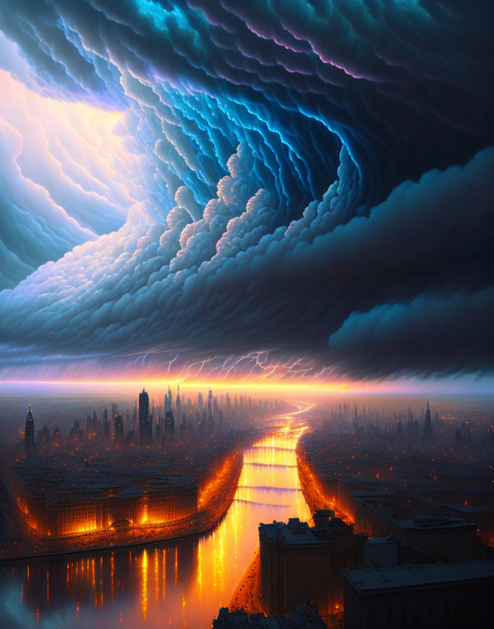 Dramatic cityscape at dusk with mesmerizing shelf cloud and lightning reflections