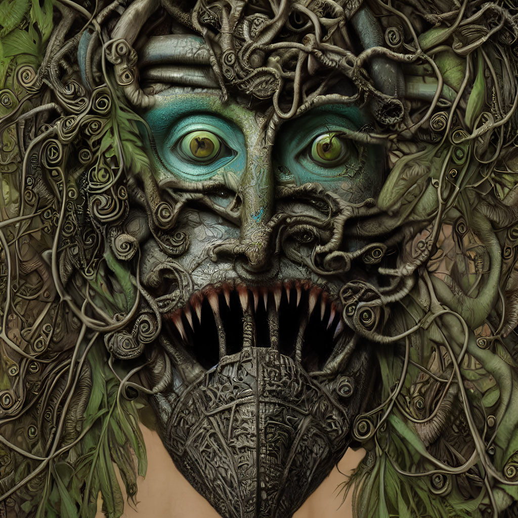 Detailed fantasy creature with green eyes, serpentine hair, and metallic jaw.