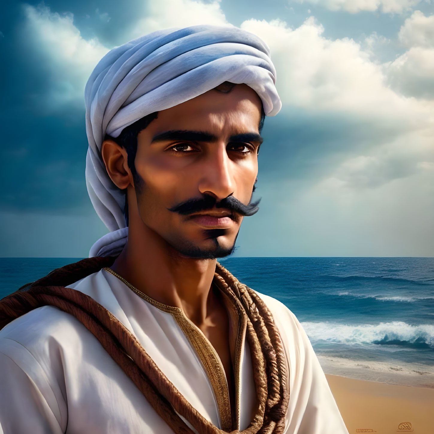 Traditional attire man in white turban gazes at sea and sky