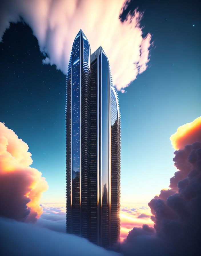 Futuristic skyscraper at sunset with reflective glass facade