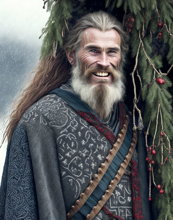 Smiling man with long white hair in medieval fantasy attire