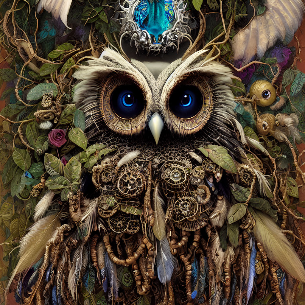 Steampunk-inspired owl with blue eyes and intricate gears, feathers, and foliage