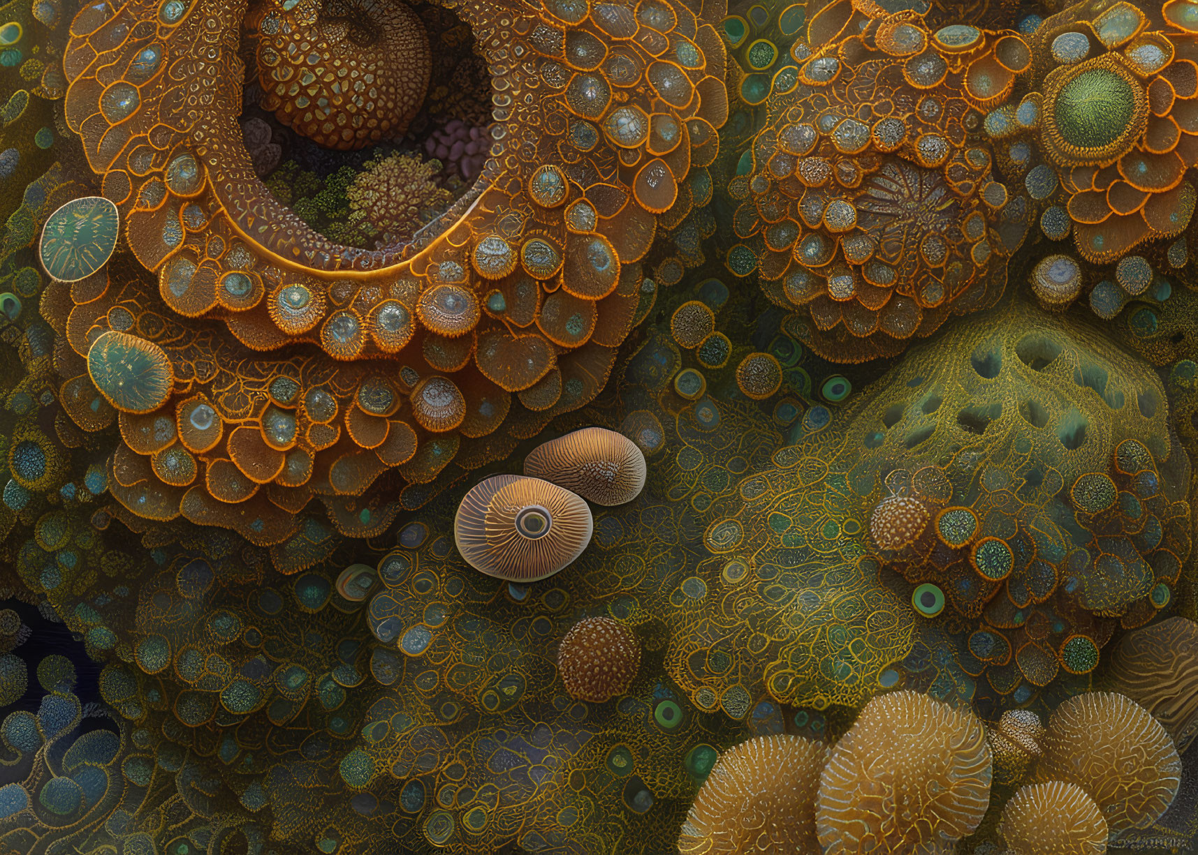 Intricate Organic Fractal Image in Orange, Brown, and Green