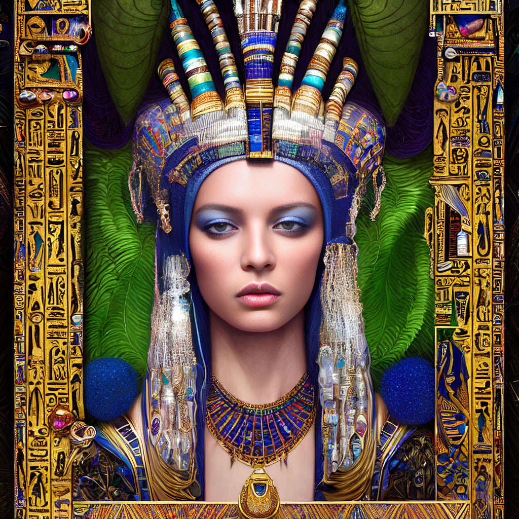 Digital Artwork: Individual with Egyptian Headdress and Hieroglyphic Designs