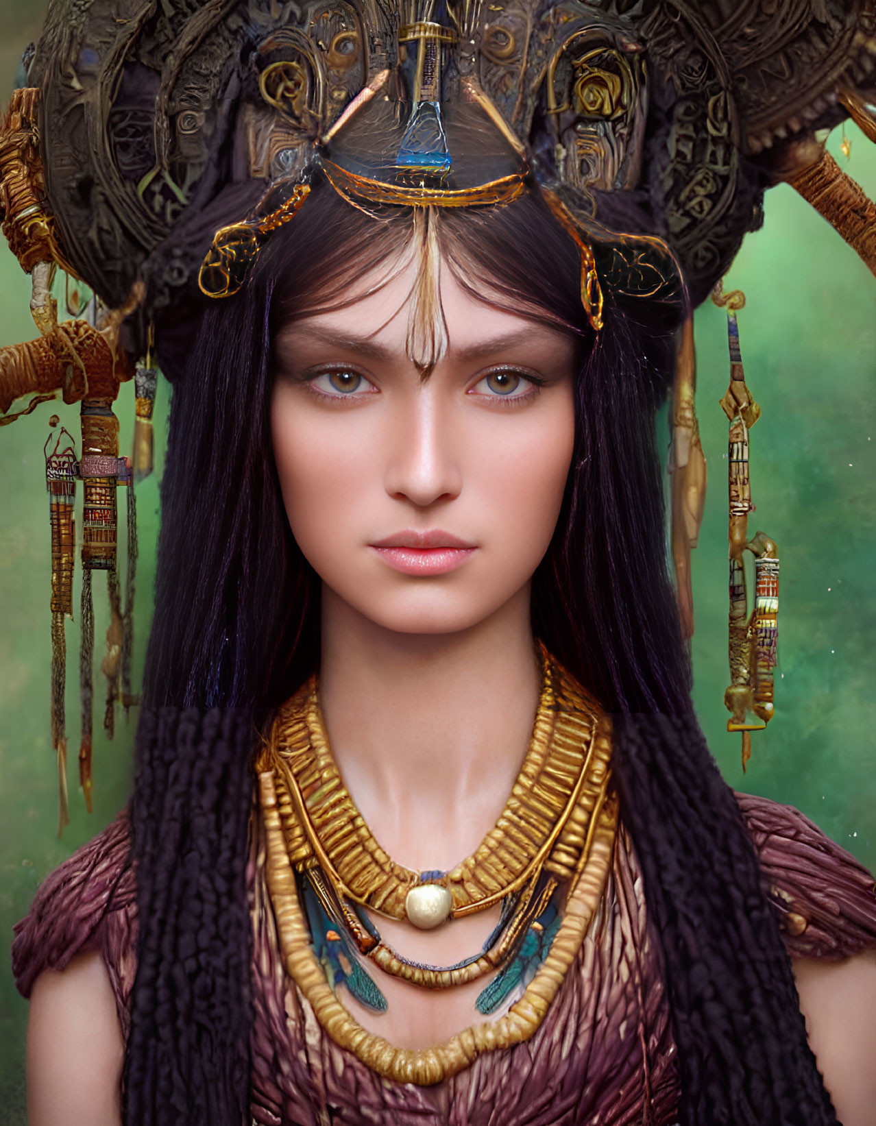 Dark-Haired Woman in Elaborate Headpiece and Necklaces on Green Background