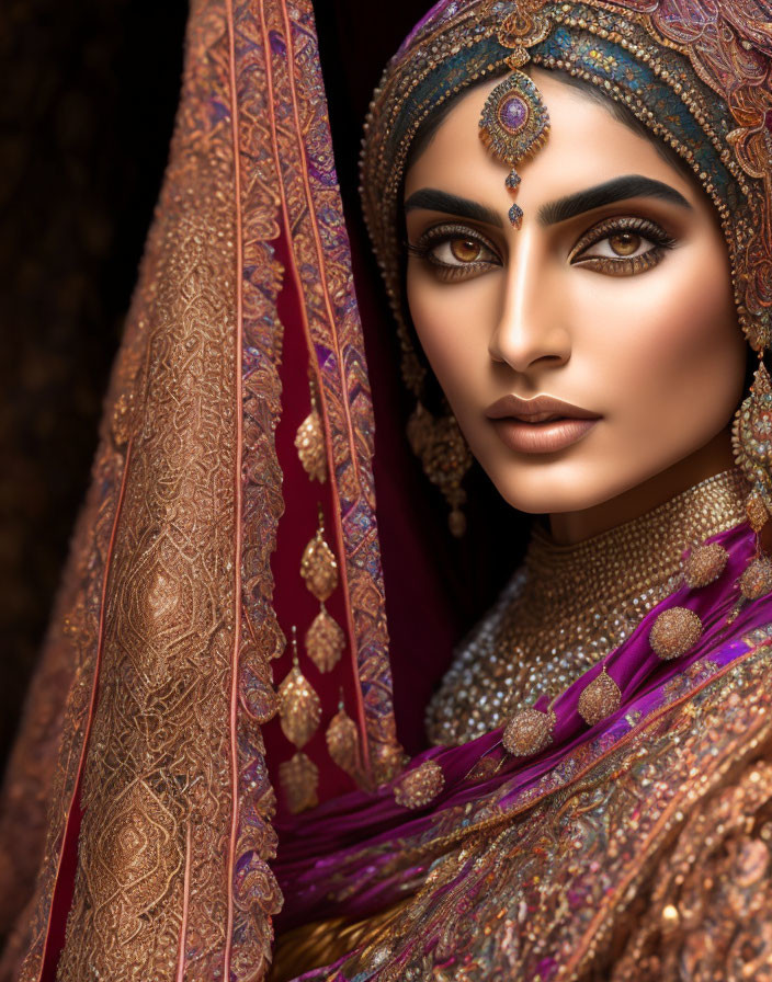 Traditional South Asian Bridal Attire with Detailed Accessories