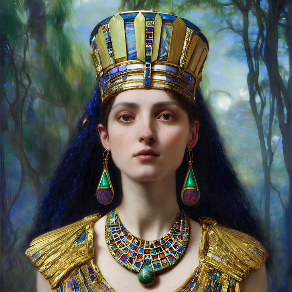 Woman portrait styled as Egyptian pharaoh with gold and lapis lazuli crown in forest setting