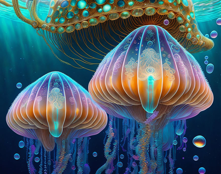 Ethereal jellyfish with bioluminescent patterns in deep blue sea