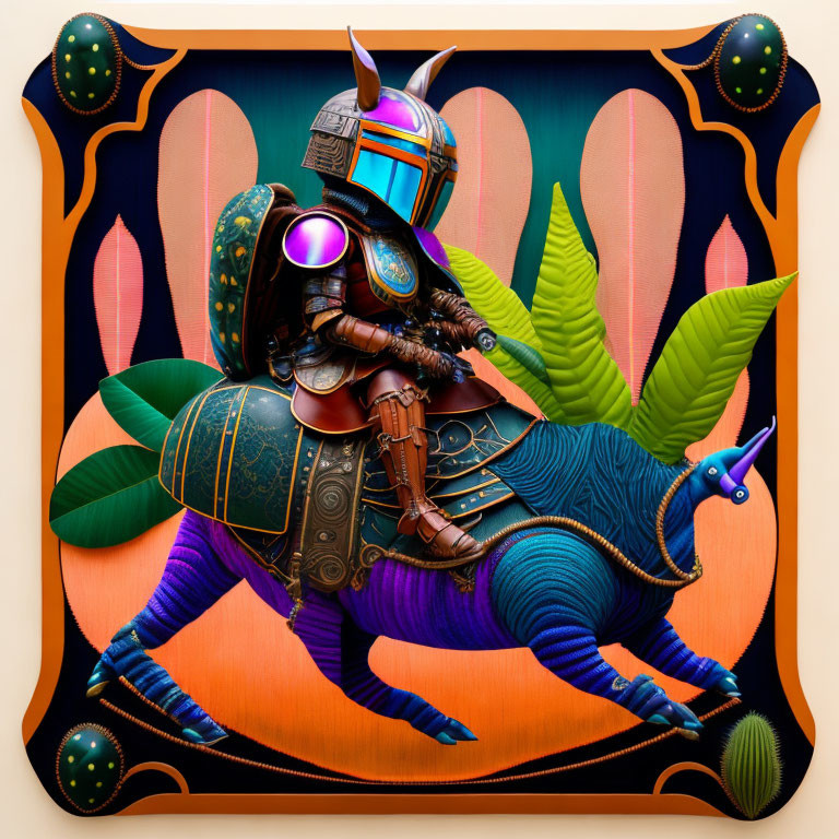 Colorful digital illustration of armored knight on reflective horse against ornate orange background