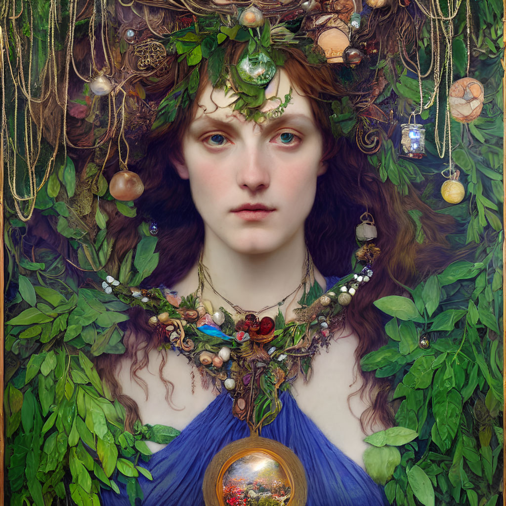 Woman in nature-themed headdress, intricate jewelry, and blue garment surrounded by foliage