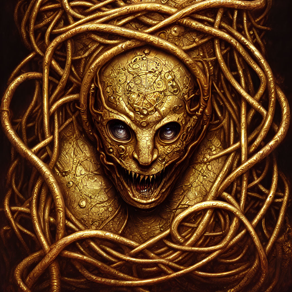 Fantasy art: Golden-skinned creature with intricate face patterns and blue eyes, surrounded by serp