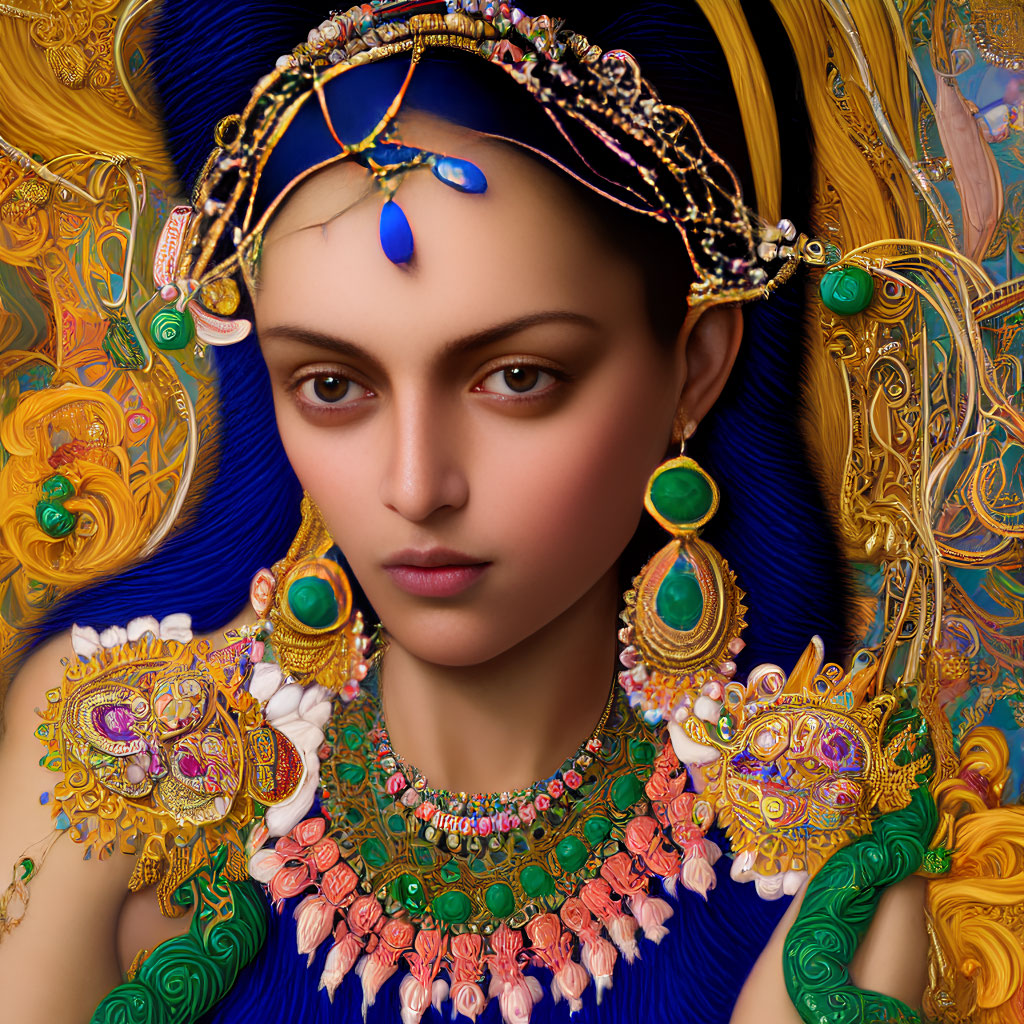 Digital artwork featuring woman adorned with gold jewelry and colorful beads against ornate backdrop